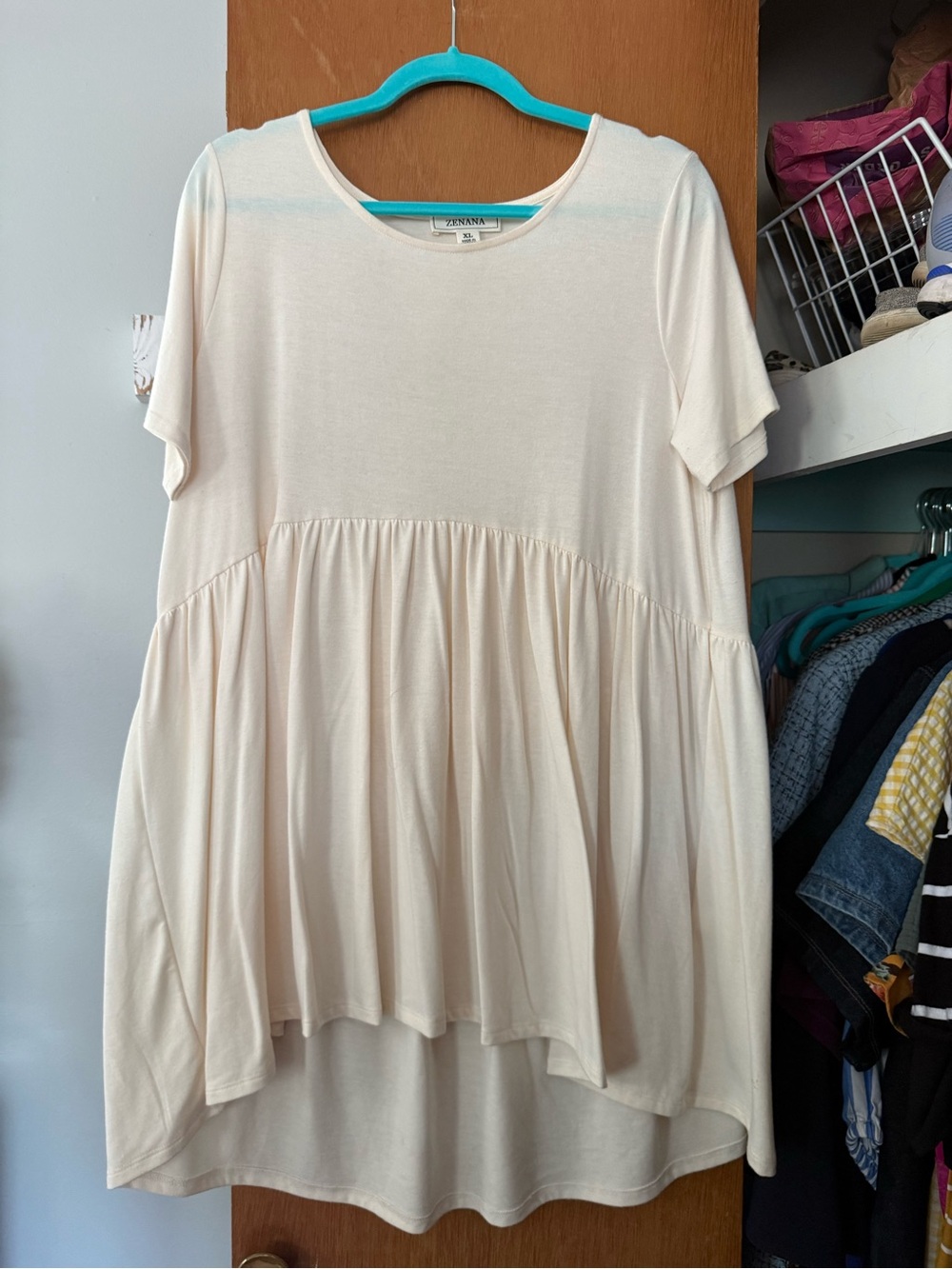 Zenana Outfitters Cream Babydoll Tunic Top with Short Sleeves